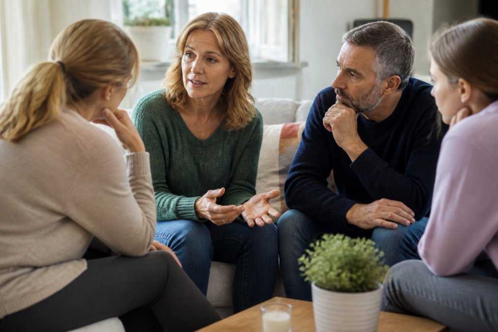 Famiglia che si riunisce in un ambiente accogliente durante una conversazione di supporto, mostrando ascolto attivo e connessione emotiva