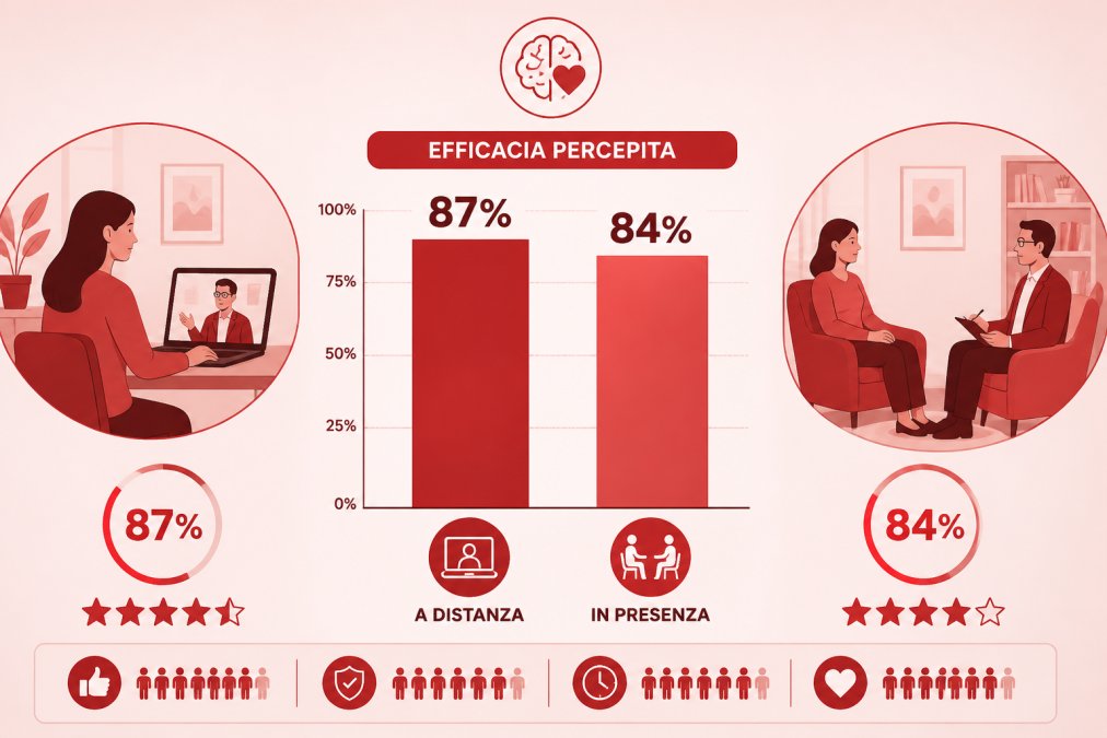 Grafico a barre che confronta l'efficacia percepita della terapia online rispetto a quella in presenza, con percentuali di soddisfazione dei pazienti e indicatori di alleanza terapeutica