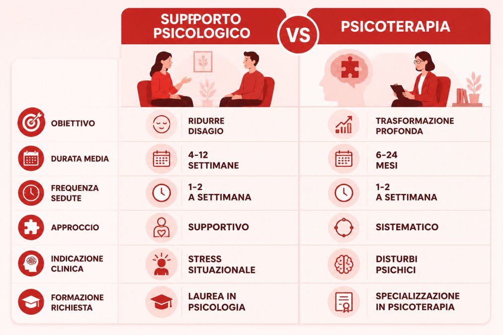 Tabella comparativa che illustra le differenze tra supporto psicologico e psicoterapia per durata e obiettivi.
