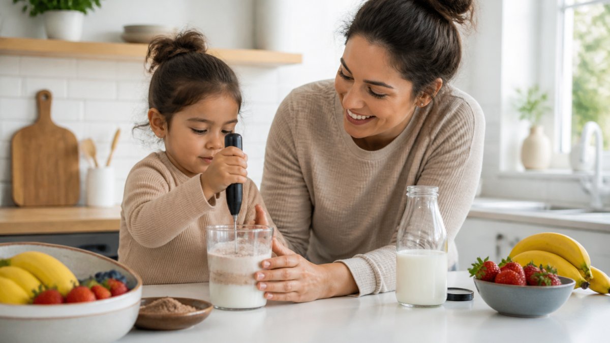 Parent and young child smiling while mixing a chocolate drink in a bright kitchen with fresh fruit nearby