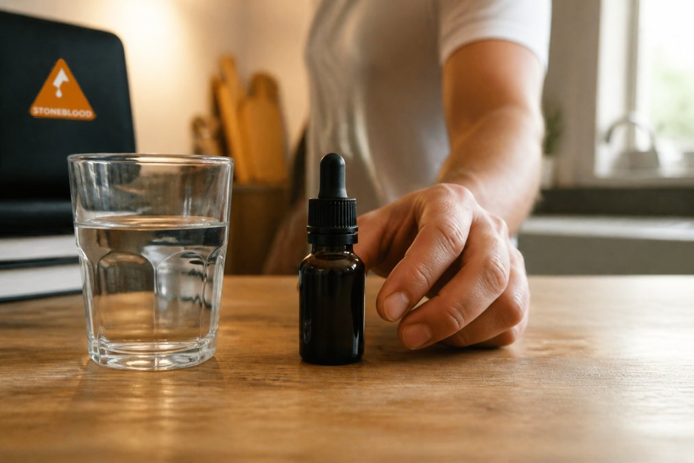 A close-up photo of a glass dropper bottle of dark shilajit resin next to a glass of water on a wooden table, with a person's hand reaching for it, in a bright kitchen setting