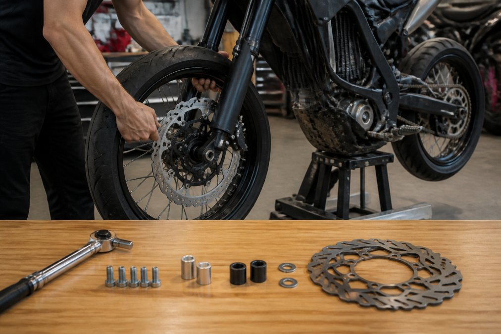 Mechanic installing a 17-inch wheel during a Sur Ron supermoto conversion in a garage with tools on the workbench