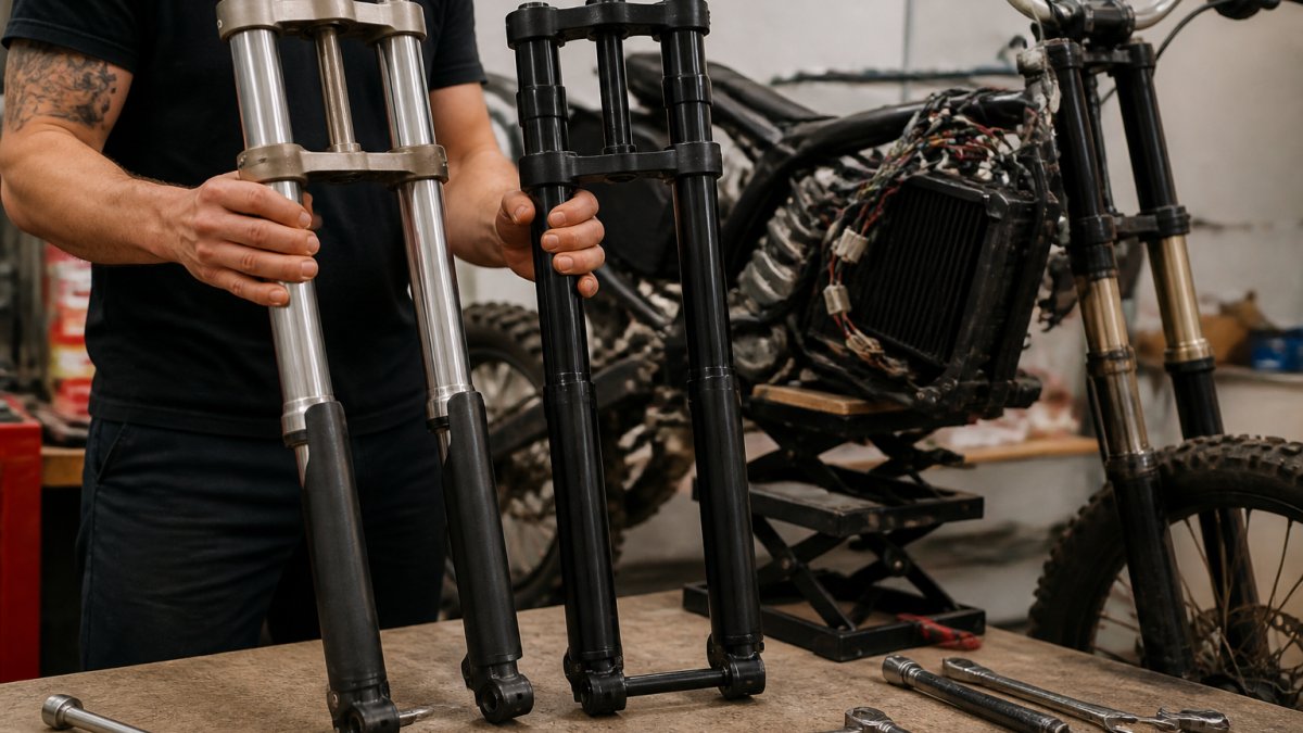 Close-up of a mechanic's hands holding a stock Sur-Ron suspension fork next to an aftermarket GritShift fork on a workbench, with tools and a partially disassembled electric dirt bike in the background