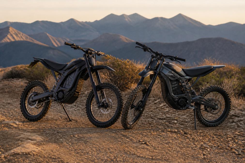 Two electric dirt bikes, a Sur Ron Light Bee X and a Talaria Sting, parked side by side on a dirt trail at golden hour, with mountains in the background