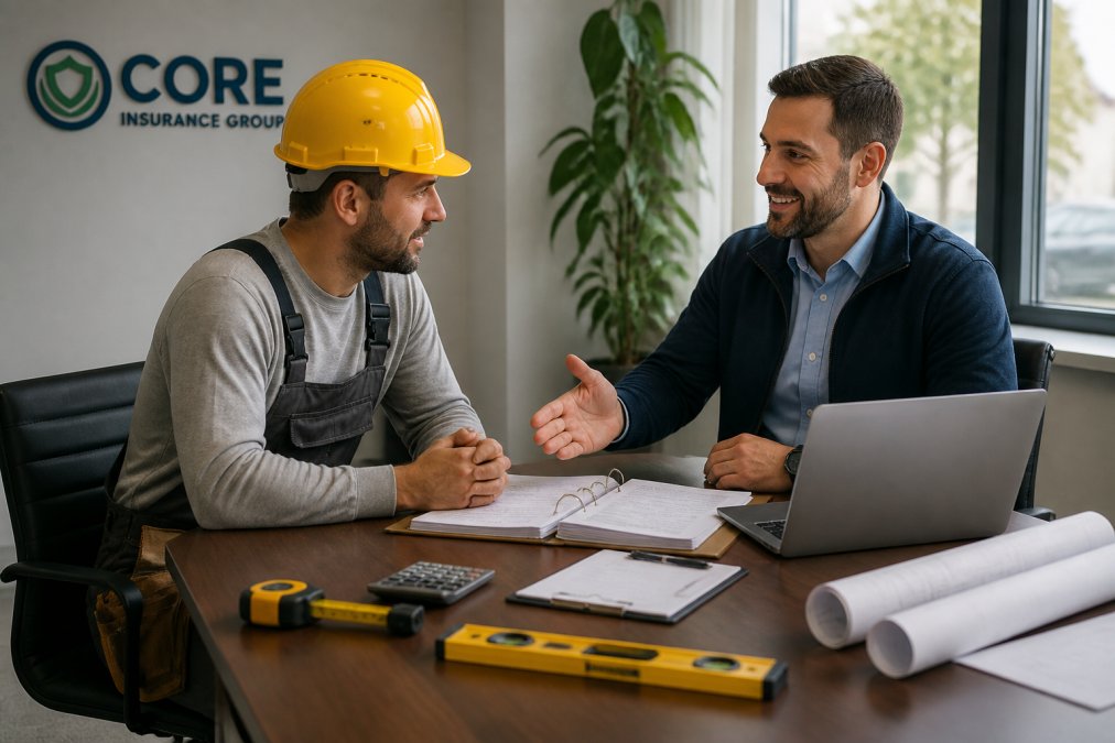 A contractor in work clothes and a hard hat reviewing paperwork with an insurance agent at a desk, laptop open, handshake-ready posture