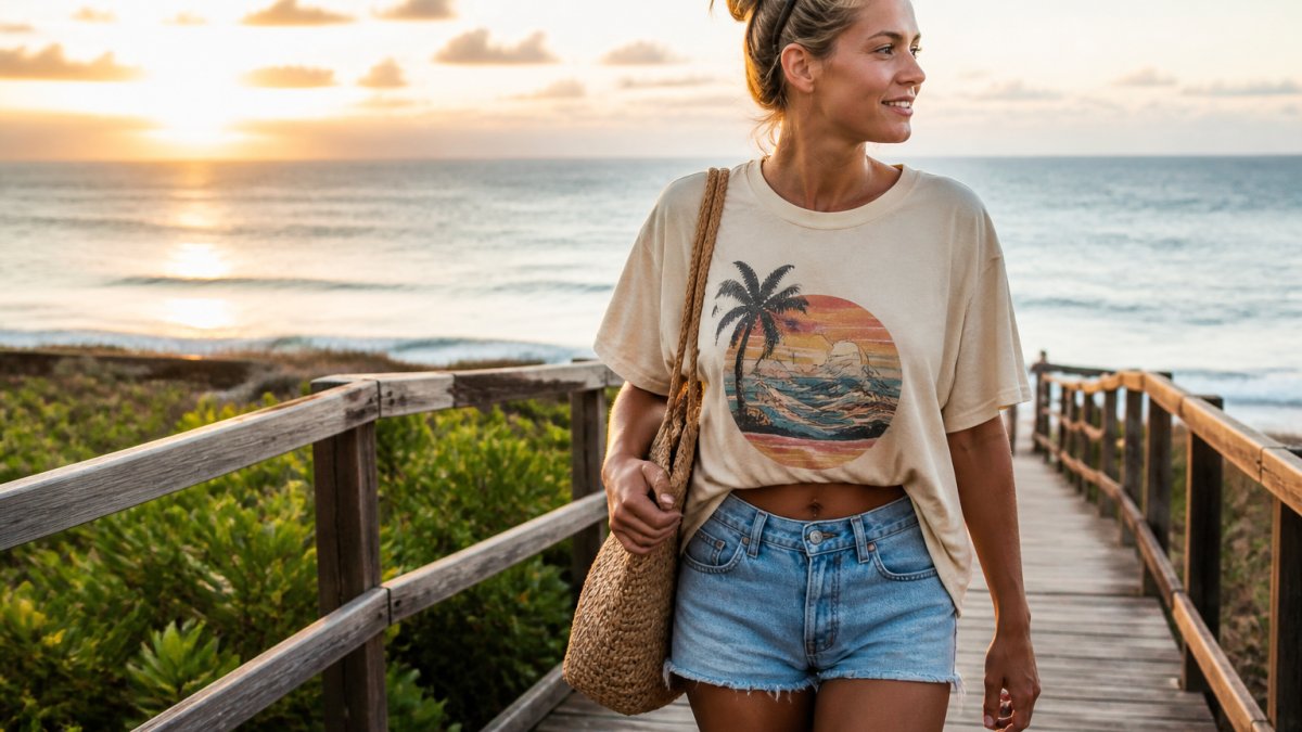 A woman in a relaxed vintage surf graphic tee and denim shorts walking a wooden boardwalk at golden hour, ocean visible behind her, carrying a beach bag and sunglasses pushed into her hair