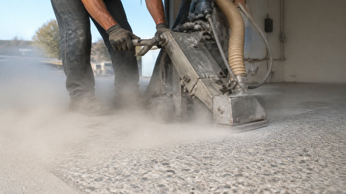 Professional operator using shot blasting equipment on concrete floor surface, creating dust cloud and exposing aggregate texture, bright industrial lighting on exposed substrate