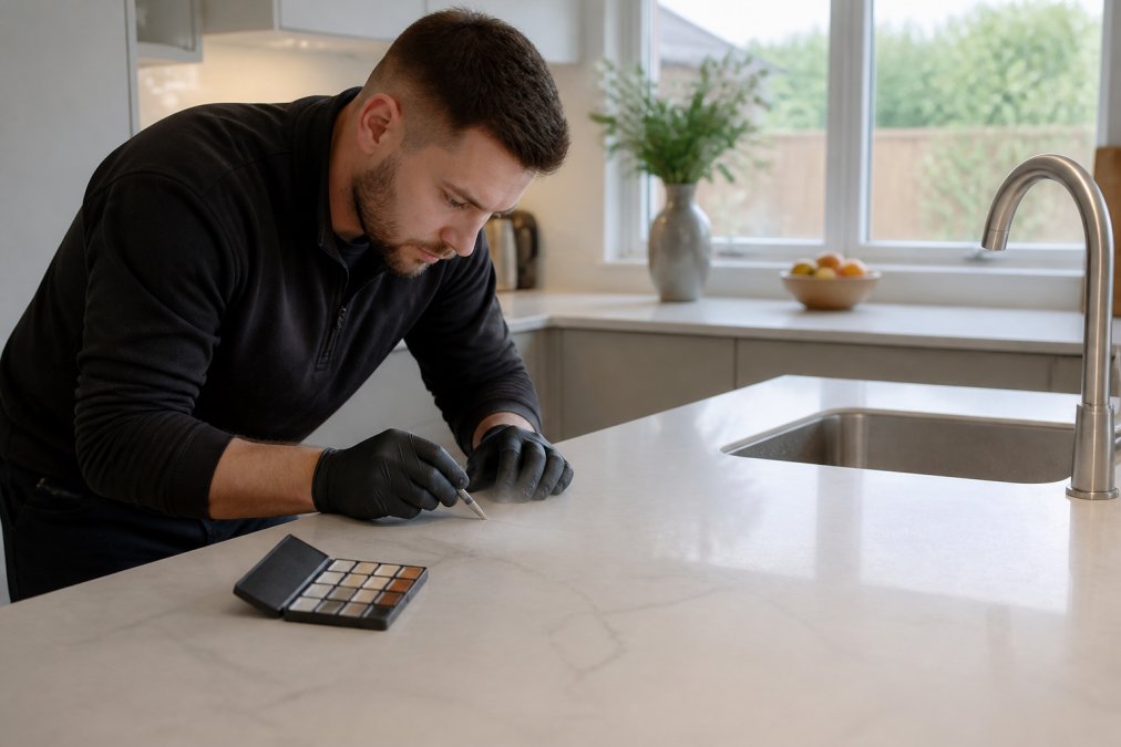 A professional technician in clean workwear carefully colour-matching a repair on a modern kitchen worktop in a finished, occupied home, with natural daylight from a window