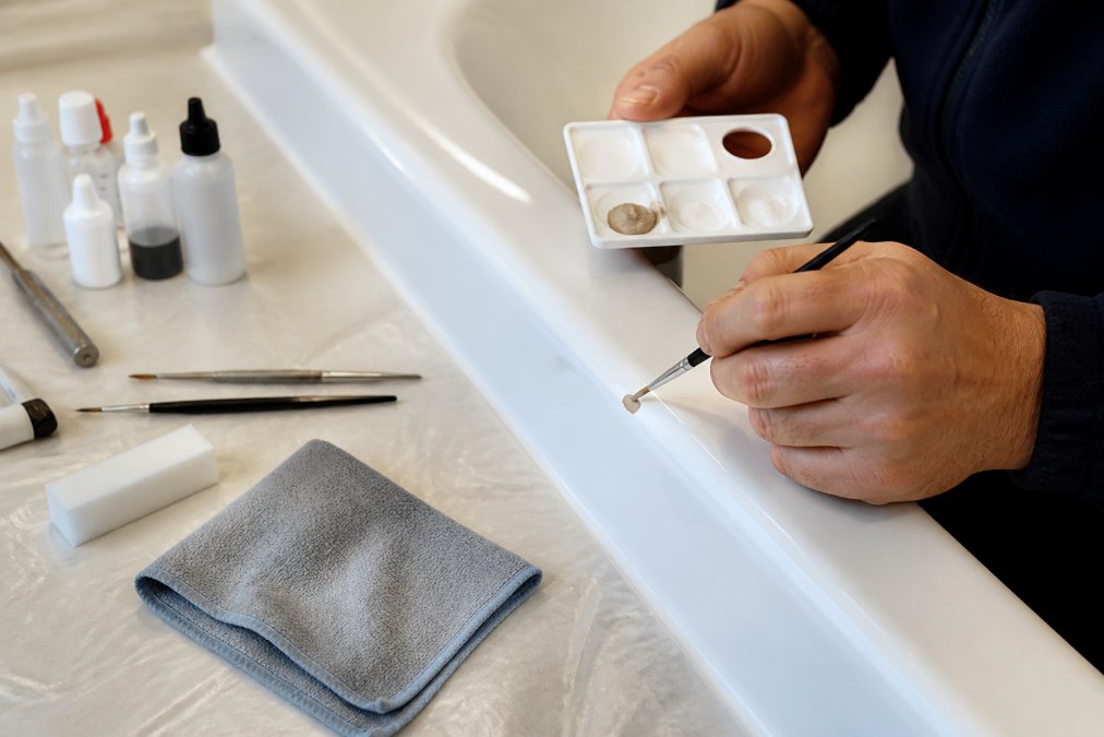Close-up of a technician's hands colour-matching a filled chip on a white bath edge using a small mixing palette and fine brush, with repair tools laid out on a protective sheet nearby