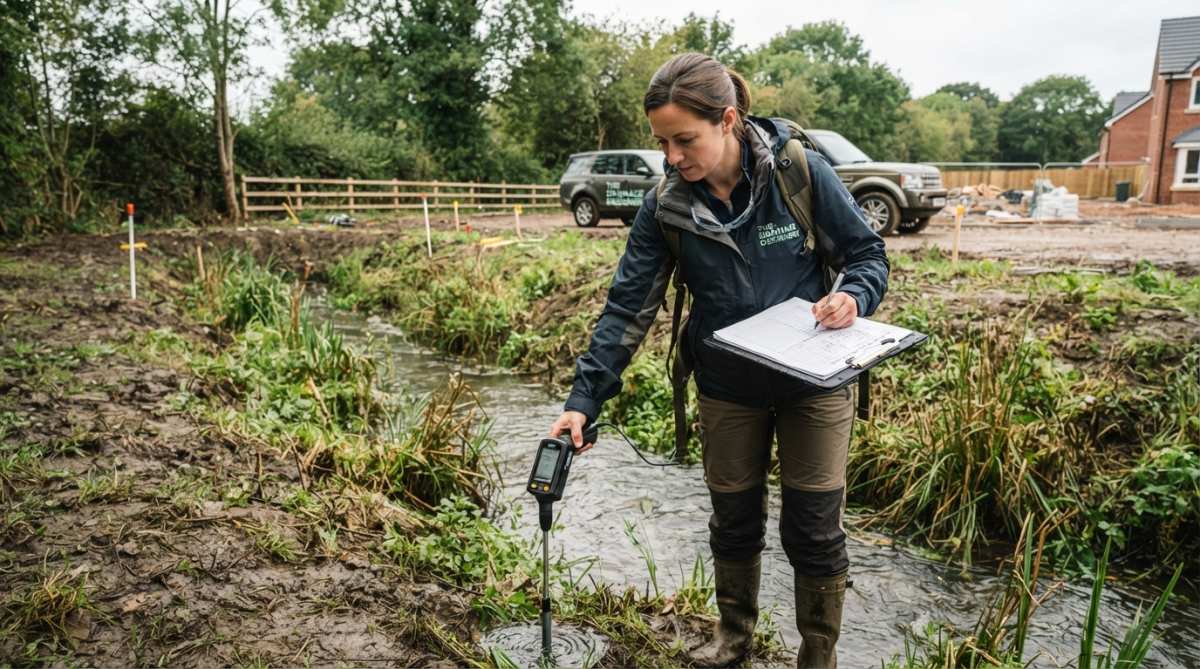 Professional drainage engineer conducting a site inspection with measuring equipment and clipboard, examining drainage infrastructure on a residential property with drainage pipes visible