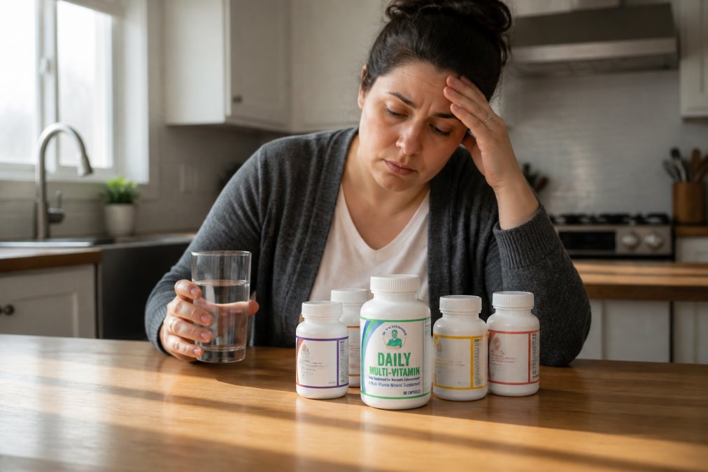 A woman sitting at a kitchen table looking fatigued, resting her head in one hand and holding a glass of water in the other, with several vitamin supplement bottles arranged on the table in front of her under warm natural morning light