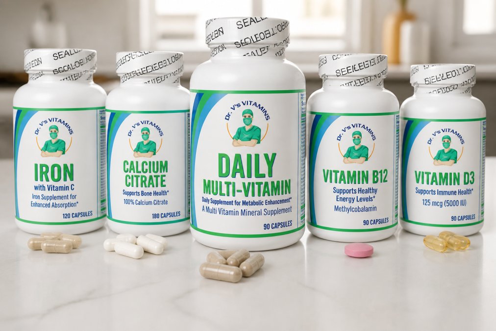 Close-up of five neatly arranged supplement bottles on a clean white countertop, with capsules and a chewable tablet displayed alongside them in soft natural lighting