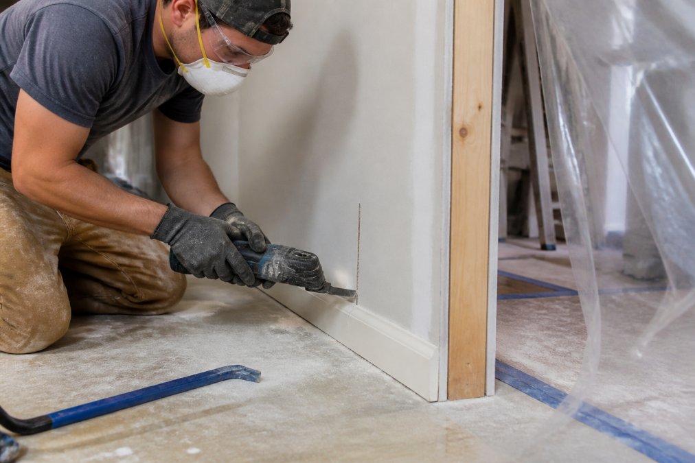 A contractor using an oscillating multi-tool to cut drywall along a straight line in a home interior, with plastic dust barriers visible in the background and a pry bar on the floor nearby