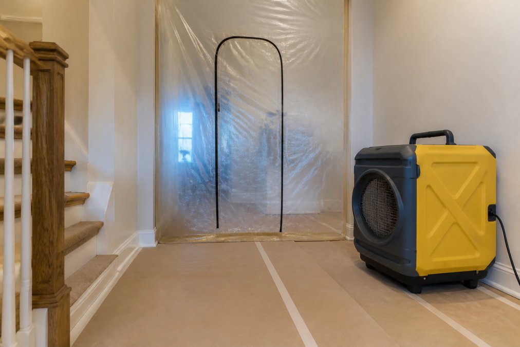 A plastic containment barrier with a zipper door set up in a home hallway, with a HEPA air scrubber unit running beside it and a visible layer of protective floor covering in the foreground