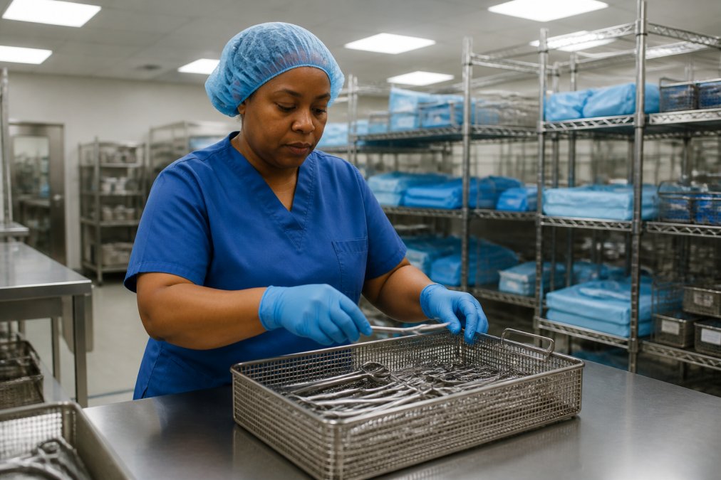 A sterile processing technician in blue scrubs and nitrile gloves carefully inspecting a stainless steel surgical instrument tray under bright overhead fluorescent lighting inside a central sterile supply department, with rows of wrapped instrument sets visible on metal shelving in the background