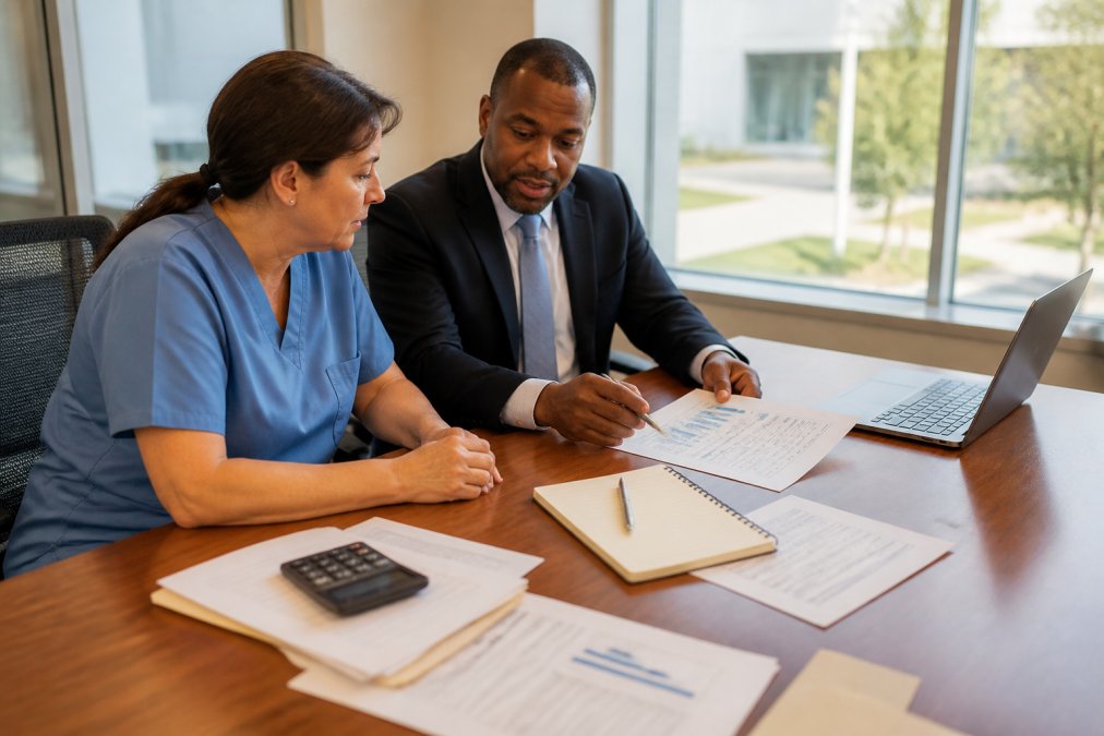 A hospital administrator in business attire and a sterile processing consultant in scrubs reviewing printed workflow documents and a laptop screen together at a rectangular conference table in a modern healthcare facility meeting room, with large windows providing natural daylight