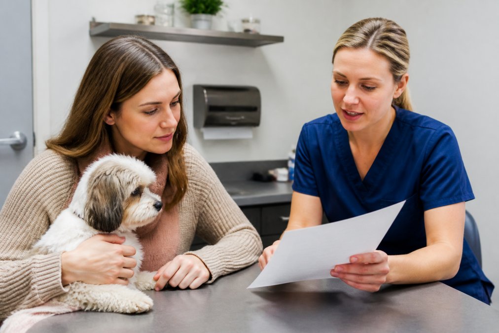 Veterinary staff member reviewing a detailed surgical estimate document with a pet owner in a consultation room, with surgical instruments visible in the background