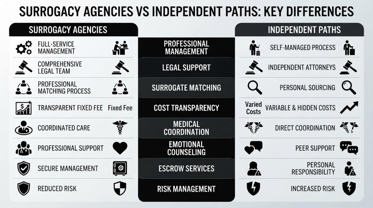 Visual comparison chart showing Comparison matrix showing Surrogacy Agencies vs Independent Paths across key dimensions
