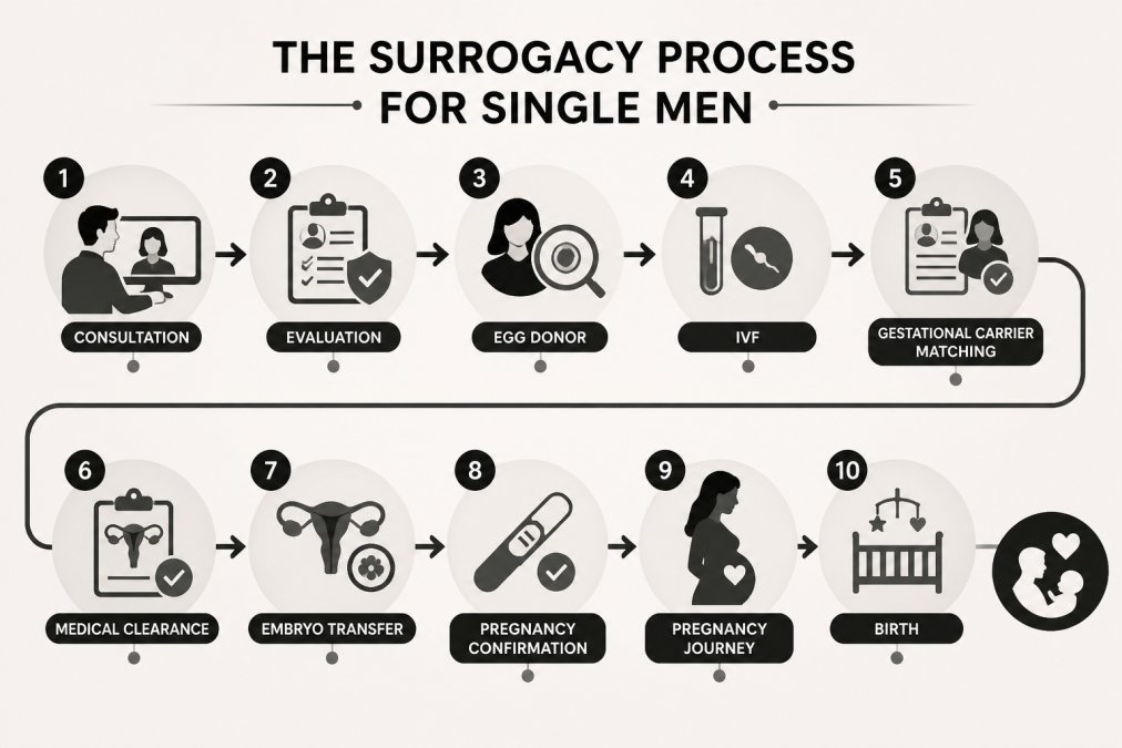 Process diagram showing steps for surrogacy for single men
