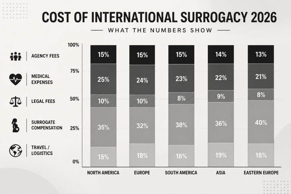 Stacked bar chart comparing international surrogacy cost categories, including potential savings from surrogacy grants.