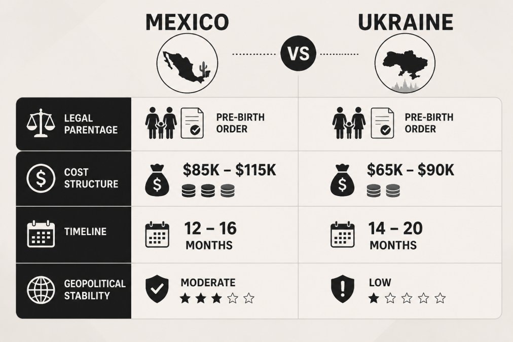 Comparison matrix of surrogacy in Mexico vs Ukraine across legal parentage, cost structure, timeline, and geopolitical stability