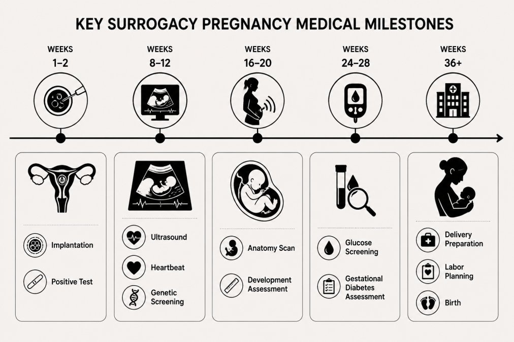 Timeline showing key medical events from embryo transfer through birth: weeks 1-2 (embryo implantation, pregnancy test positive), weeks 8-12 (first ultrasound, fetal heartbeat confirmation, genetic screening), weeks 16-20 (anatomy scan, fetal development assessment), weeks 24-28 (glucose screening, gestational diabetes assessment), weeks 36+ (delivery preparation, labor planning, birth)