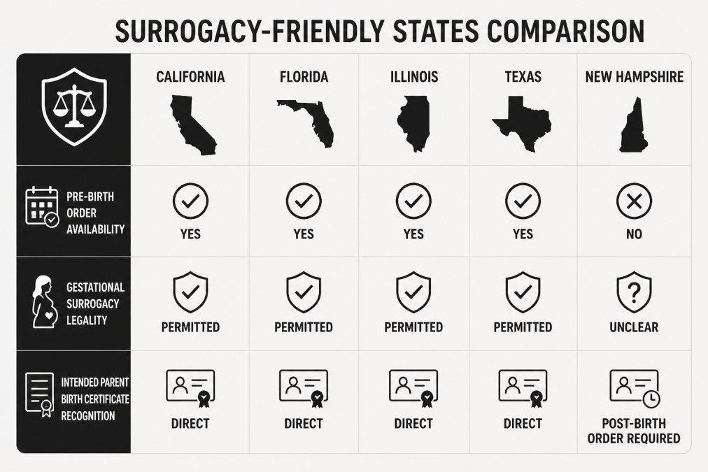 Comparison matrix of surrogacy-friendly states showing pre-birth order availability (Yes/No), gestational surrogacy legality (Permitted/Unclear/Restricted), and intended parent birth certificate recognition (Direct/Post-birth order required) for California, Florida, Illinois, Texas, and New Hampshire