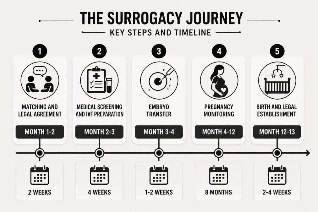 Timeline showing key phases from initial consultation through birth and legal parentage establishment: Month 1-2 Matching and legal agreement (2 weeks), Month 2-3 Medical screening and IVF preparation (4 weeks), Month 3-4 Embryo transfer (1-2 weeks), Month 4-12 Pregnancy monitoring (8 months), Month 12-13 Birth and legal establishment (2-4 weeks)