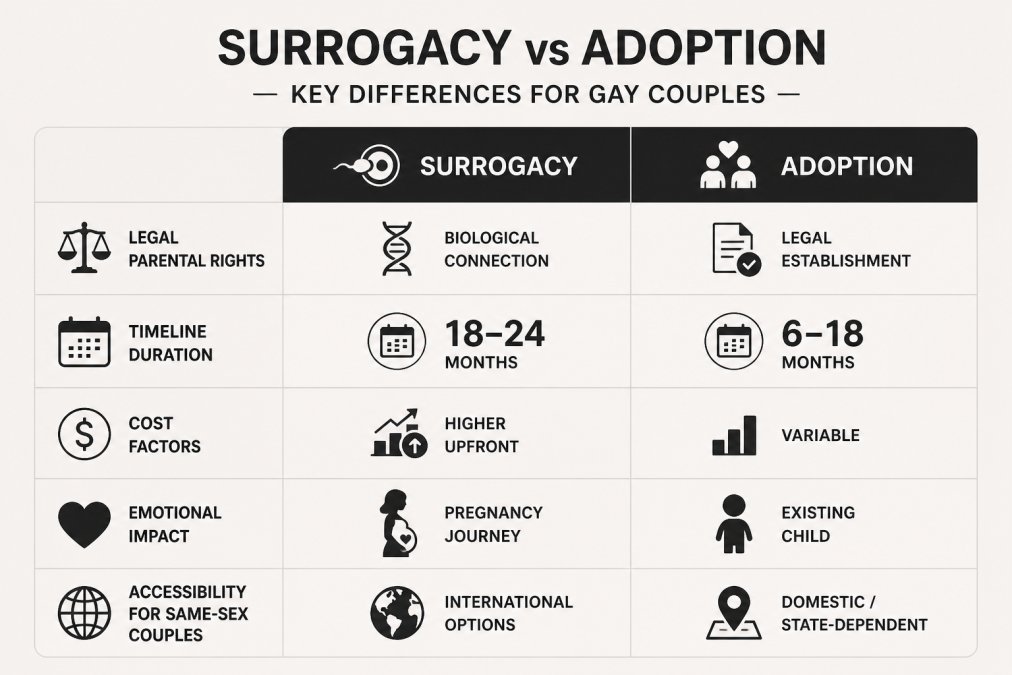 Visual comparison chart showing Comparison for surrogacy vs adoption for gay couples