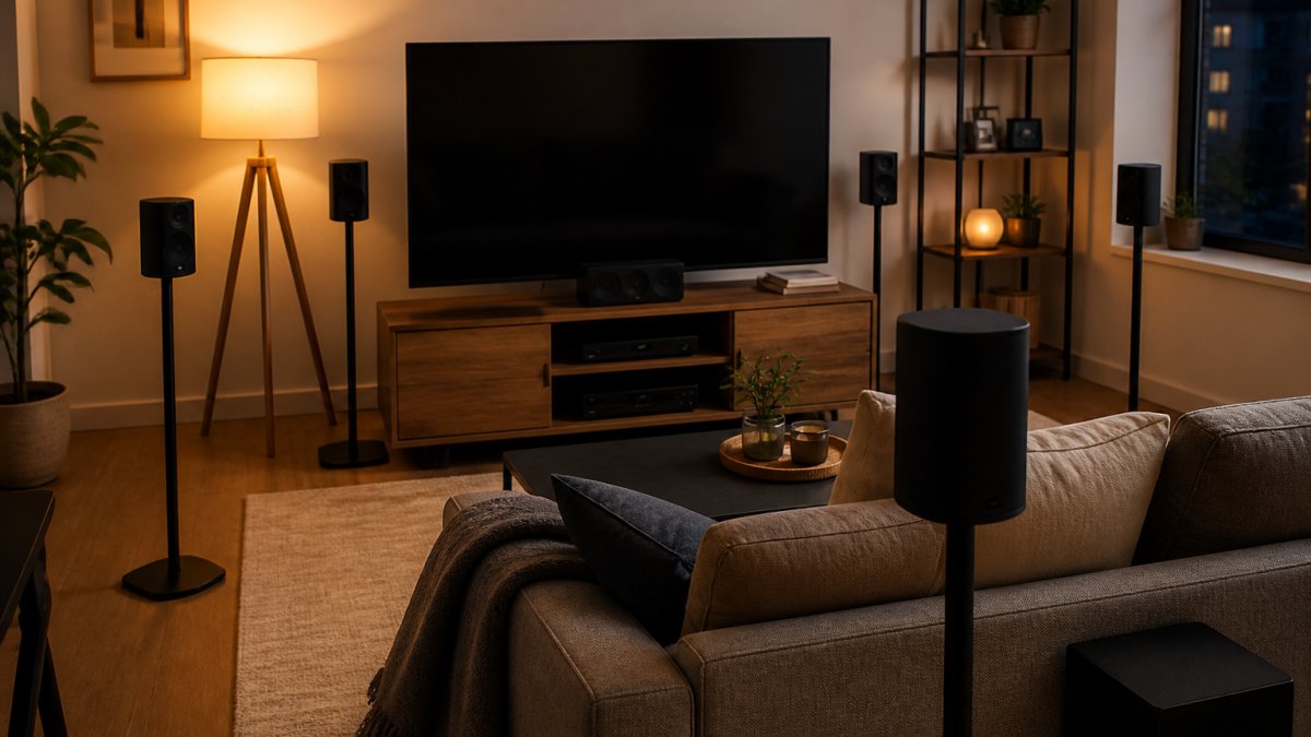 A cozy apartment living room with a compact 5.1 surround sound system arranged neatly around a TV, small satellite speakers on slim stands, a subwoofer tucked beside a fabric sofa, warm evening lamp lighting