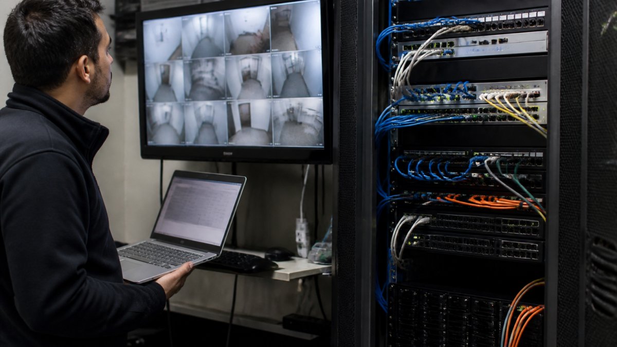 A technician in a server room reviewing camera feeds on a monitor while holding a laptop with access control software open, cables and network switches visible in the background
