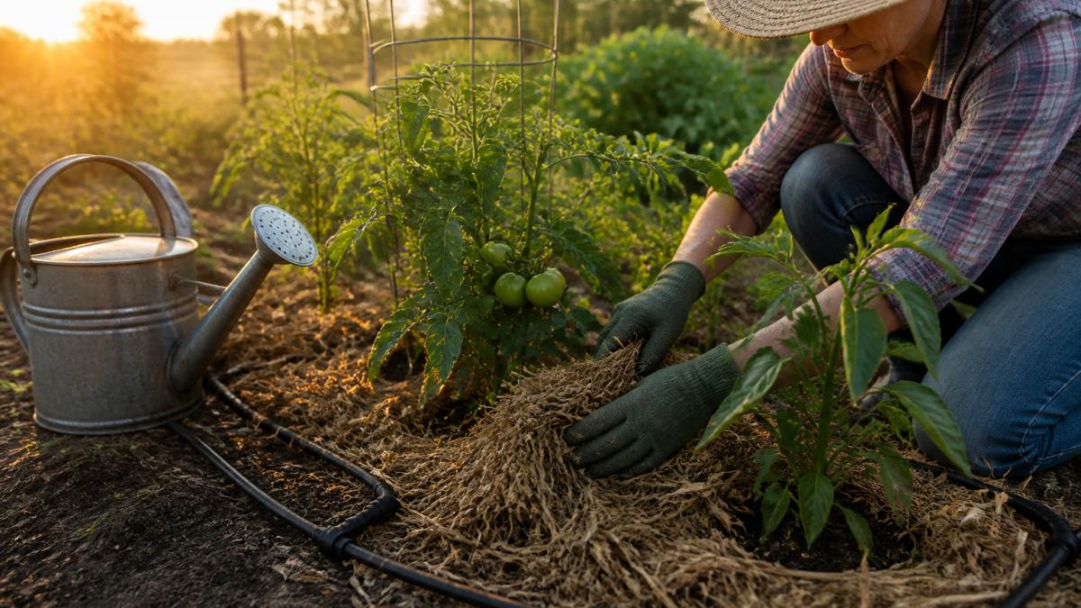 Gardener applying thick mulch layer around tomato and pepper plants at dawn, with drip irrigation tubing and watering can visible in soft morning light