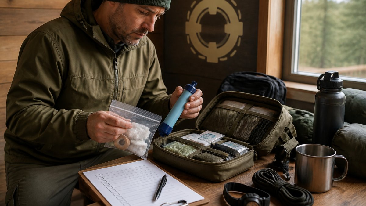 Infographic checklist for assessing survival gear quality by inspecting water filters and first aid supplies.