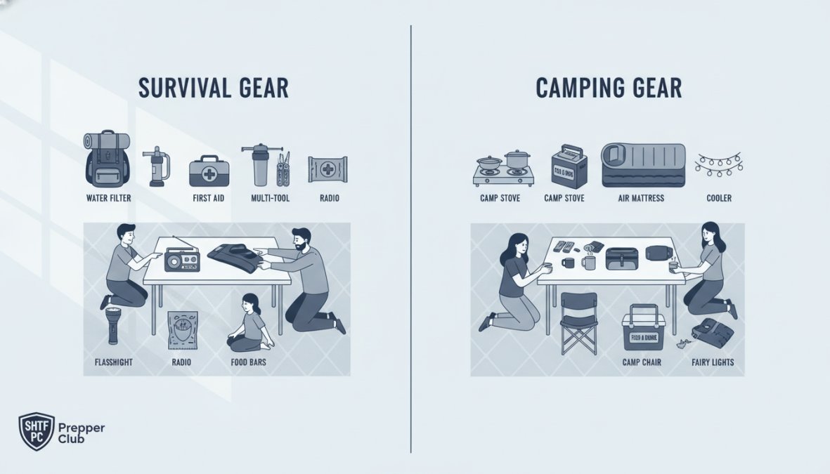 Family laying out organized survival and camping gear side-by-side on a table, showing rugged emergency equipment next to comfort-oriented camping items in natural daylight