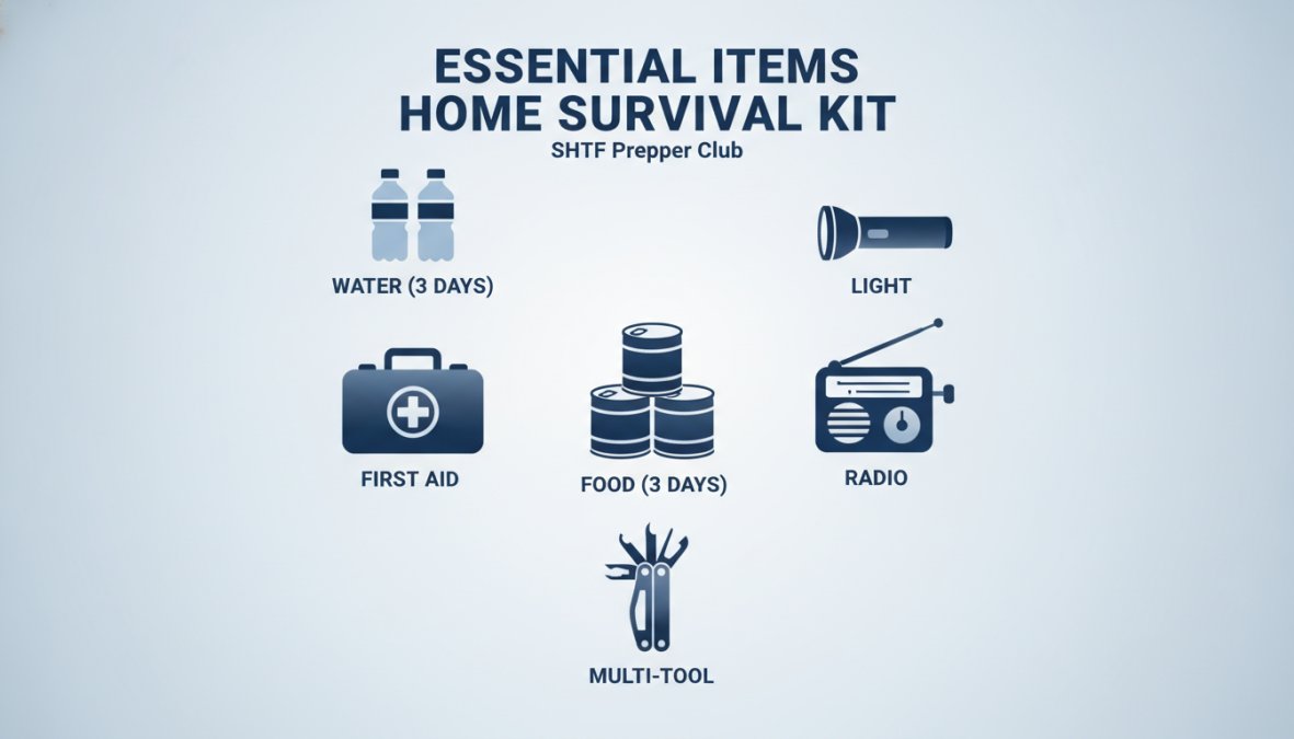 Family gathered around a well-organized survival kit laid out on a table, including water bottles, canned goods, first aid supplies, flashlight, battery-powered radio, and emergency documents in a clear folder, natural daylight streaming through windows