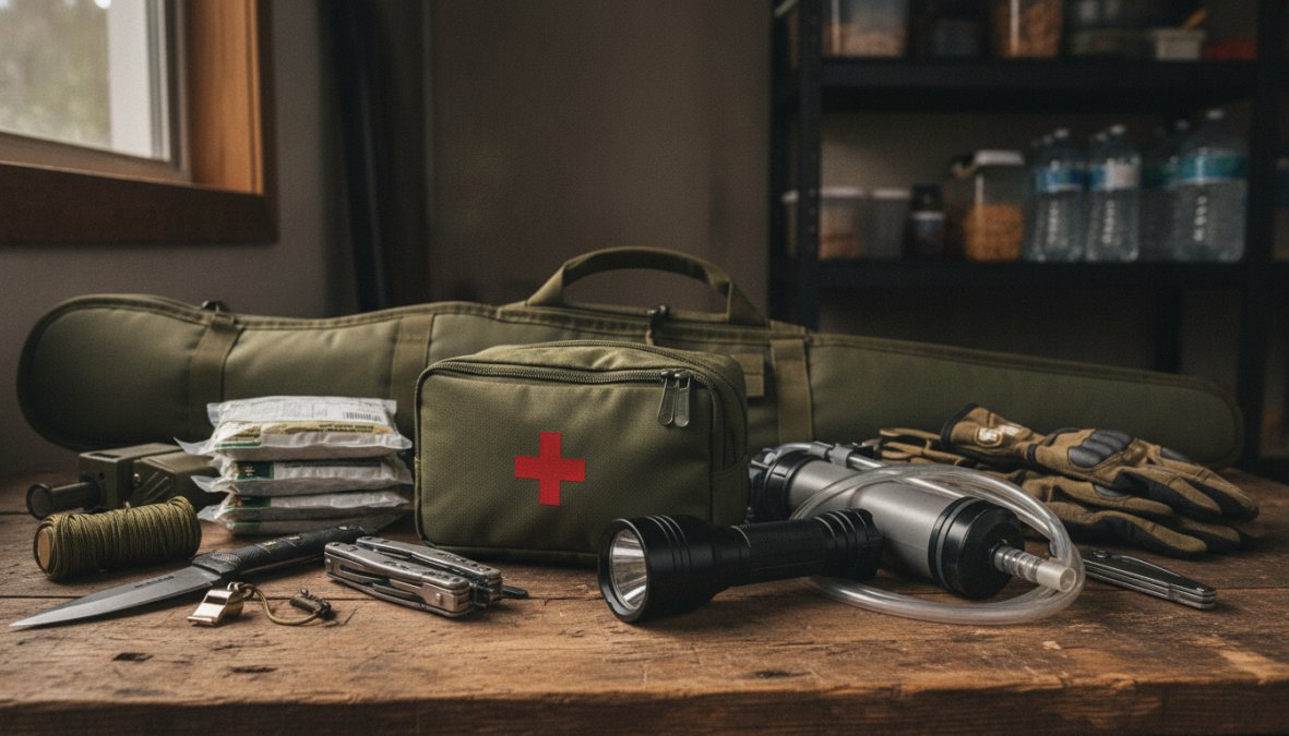 Professional illustration showing survival tools for home defense
