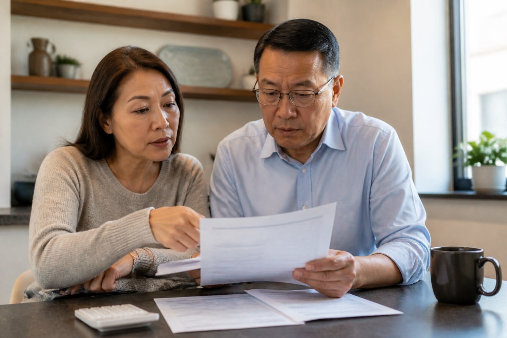 A couple in their 50s or 60s reviewing financial documents together at a home office desk, with a laptop and printed statements visible, appearing to discuss retirement planning