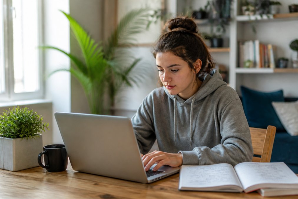 Una joven estudiando programación en un portátil en una mesa de casa, con un cuaderno de apuntes abierto y una taza de café al lado, luz natural entrando por la ventana