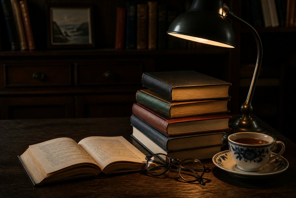 A moody, atmospheric stack of thriller novels on a dark wooden desk beside a reading lamp, with a pair of reading glasses and a cup of tea, evoking a late-night reading scene