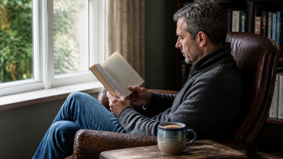 A person reading a suspenseful novel in a comfortable armchair by a window, with a cup of tea nearby and soft natural light illuminating the pages