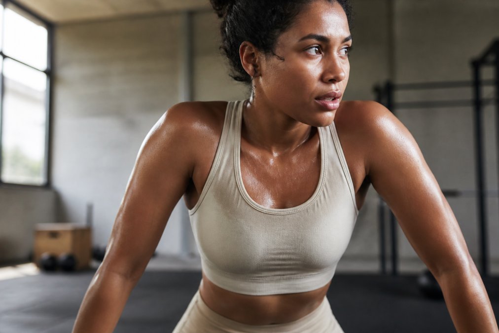 Woman in natural fiber activewear during intense workout showing moisture management and breathable fabric in action with visible sweat-wicking properties