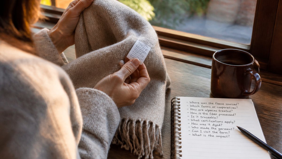 A shopper holding a soft natural-colored alpaca scarf close to a window, examining the weave and a fiber content label, with a handwritten list of questions on a table beside them