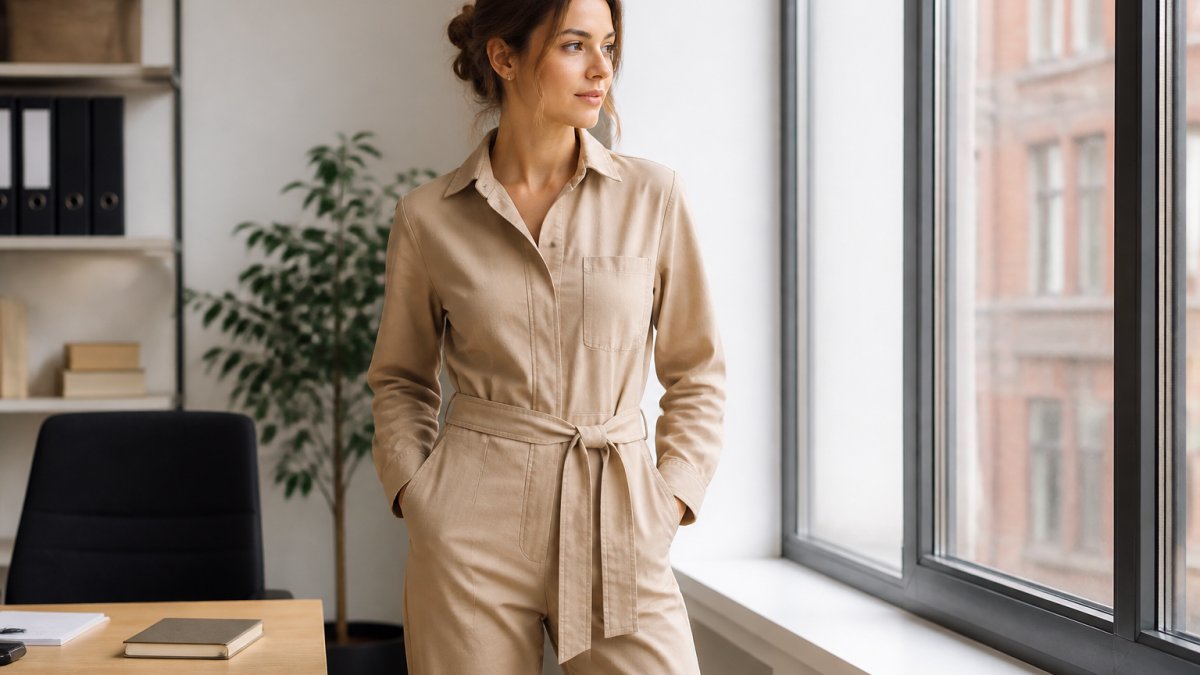 Woman wearing a neutral-toned organic cotton jumpsuit in a professional office setting, standing near a bright window with natural daylight illuminating the fabric's texture and quality construction