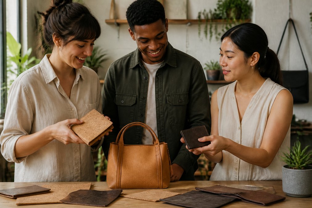 A flat lay of accessories made from different plant-based materials: a natural cork wallet, a tan cactus leather handbag, and a dark apple skin card holder arranged on a neutral linen background with soft window light casting gentle shadows