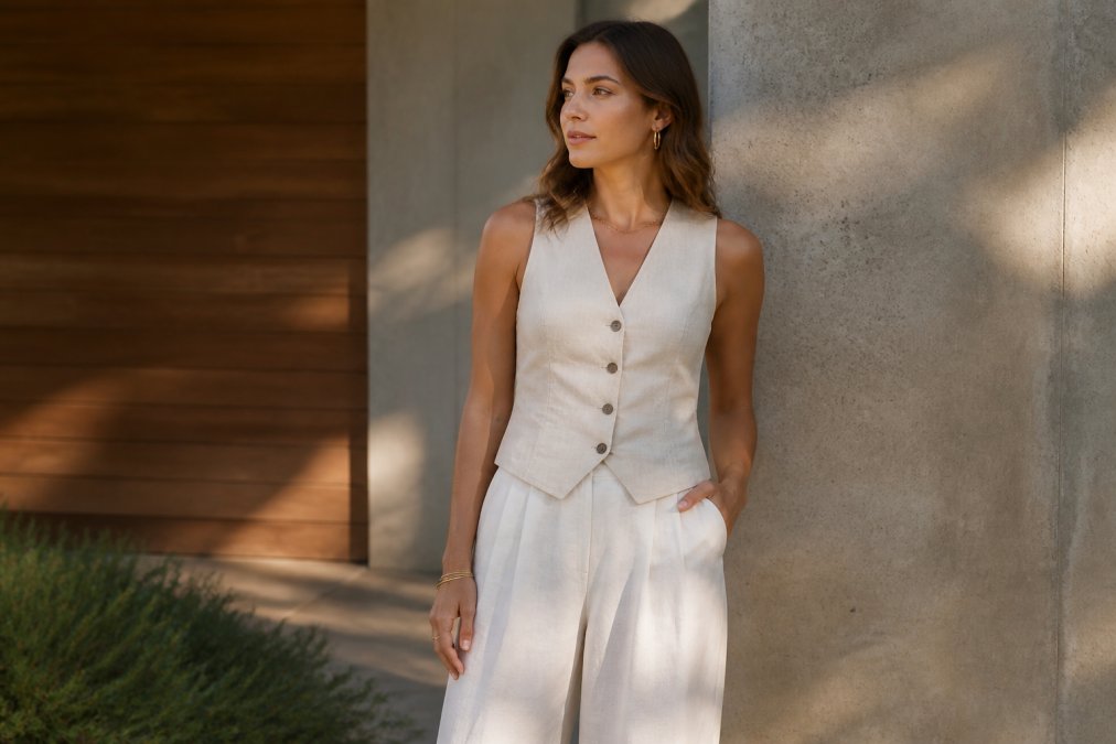 Woman wearing a well-fitted sustainable outfit with quality fabric details, styled with neutral basics in natural daylight, showing garment construction and fit