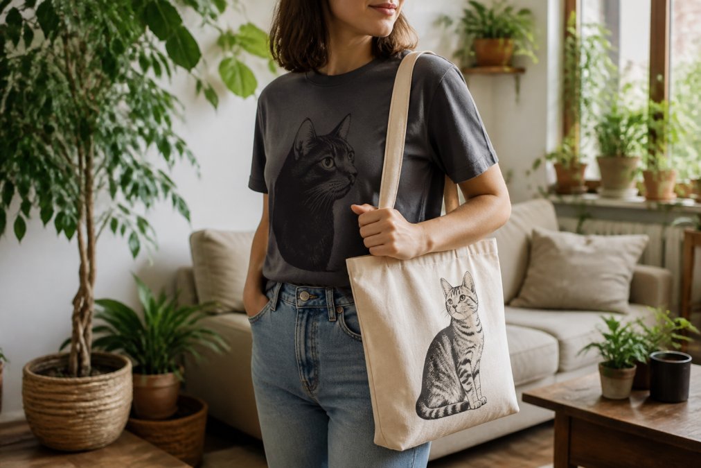 A person wearing a soft, garment-dyed cat graphic t-shirt while holding a natural canvas tote bag with a cat illustration, standing in a bright living room with plants