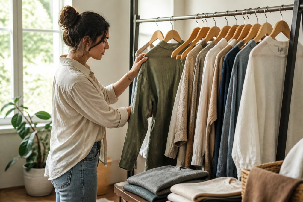 Person carefully organizing a clothing rack with selected sustainable apparel pieces, examining quality and fit, natural window lighting illuminating the curated selection