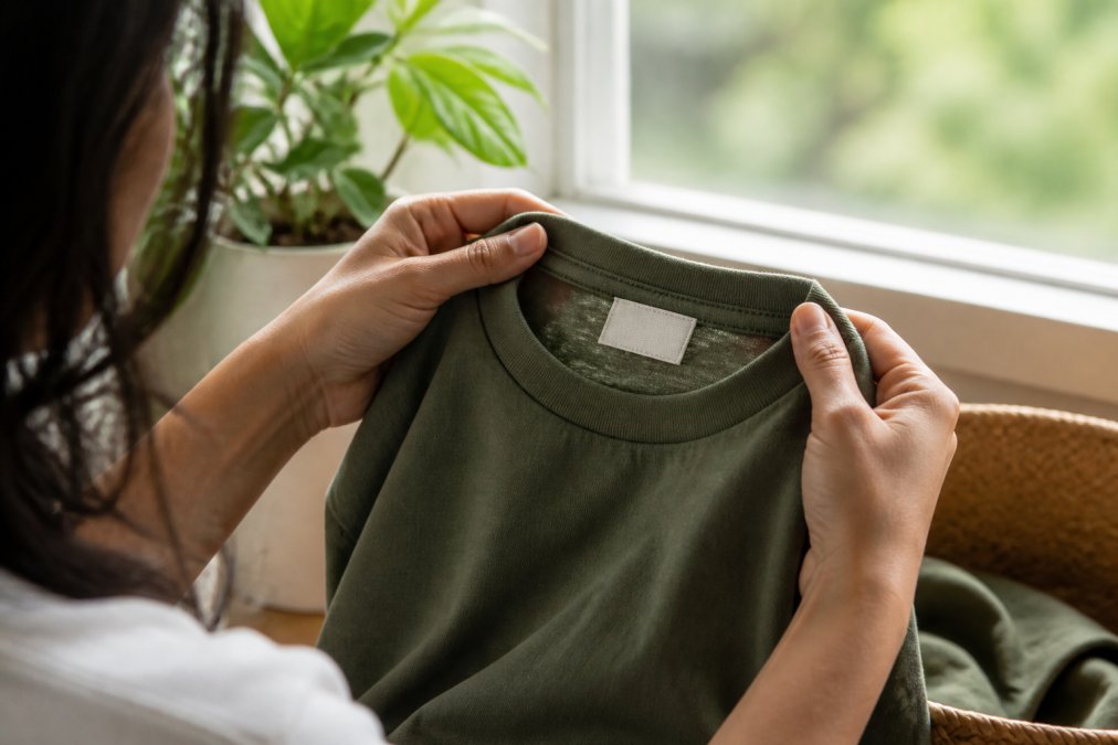 Close-up of hands holding a soft cotton t-shirt, turning the collar to read a small woven label with traceability details, natural window light, soft green plant background