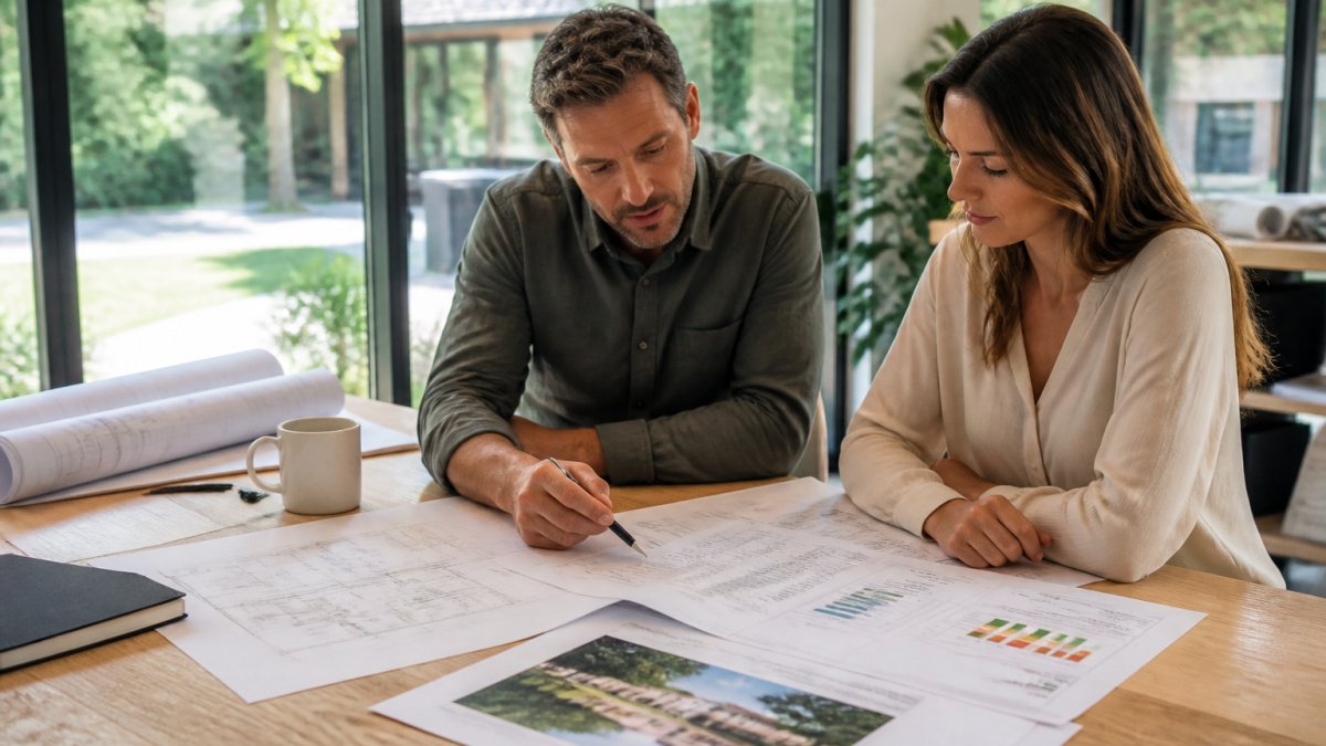 Architects reviewing energy performance data for sustainable architecture consulting projects on a design table
