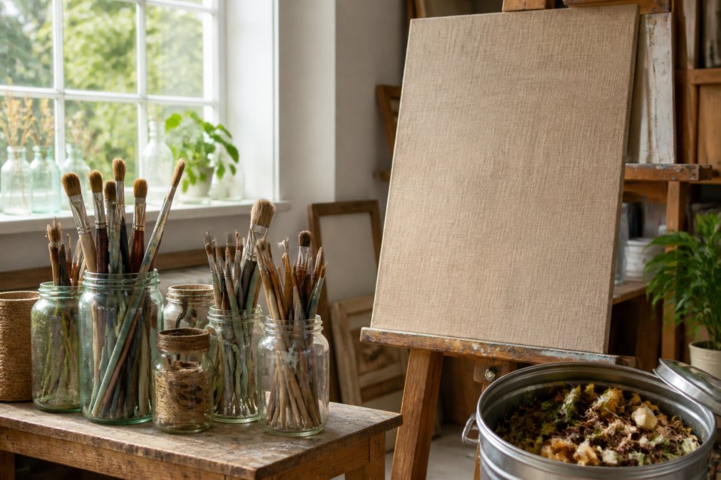 Artist studio with recycled jars, hemp canvas, and compost for sustainable art materials in natural light.